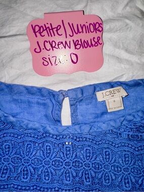J.Crew Petite Size 0 Blue Lace Yoke Blouse Short Sleeve Top